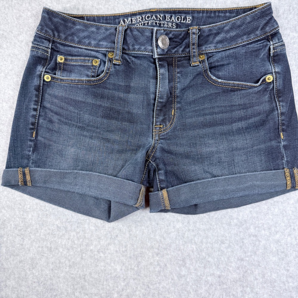 American Eagle Boy Midi Denim Shorts Womens 0 Dark Wash Excellent Cuffed Summer